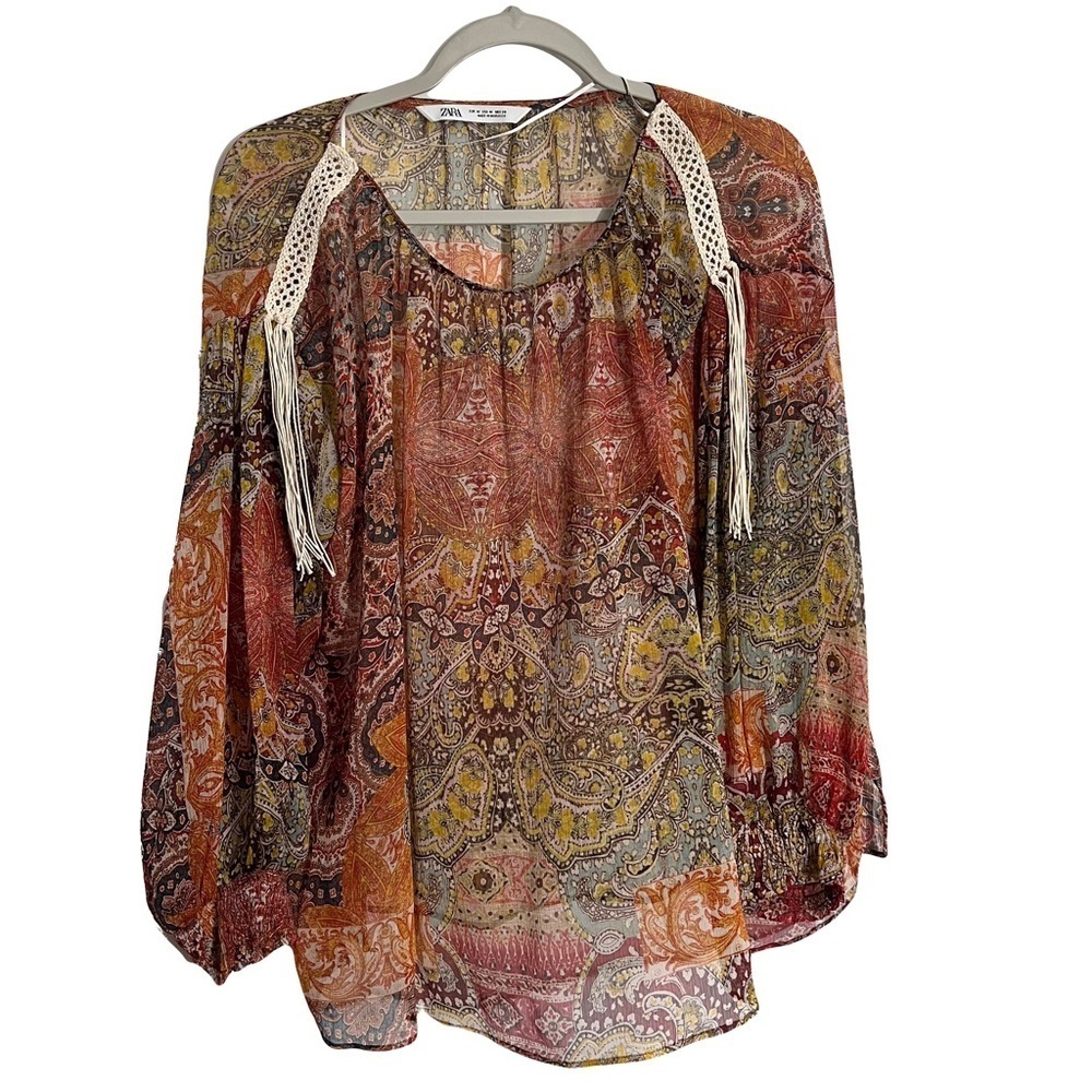 Zara Womens Sheer Print Blouse Size M Orange Western Tassel Festival Chiffon.